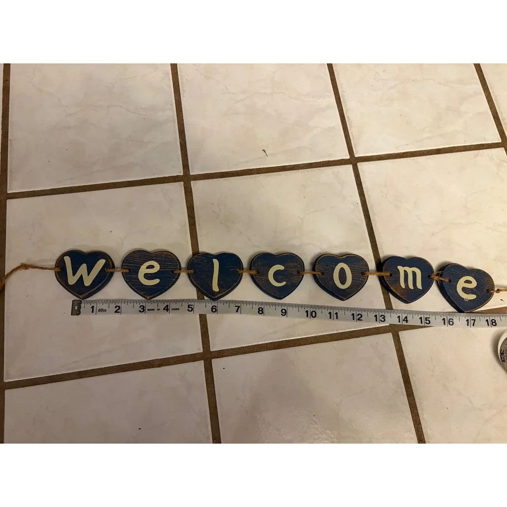 Rustic Wooden Welcome Heart Garland Distressed Navy Blue Farmhouse Wall Decor